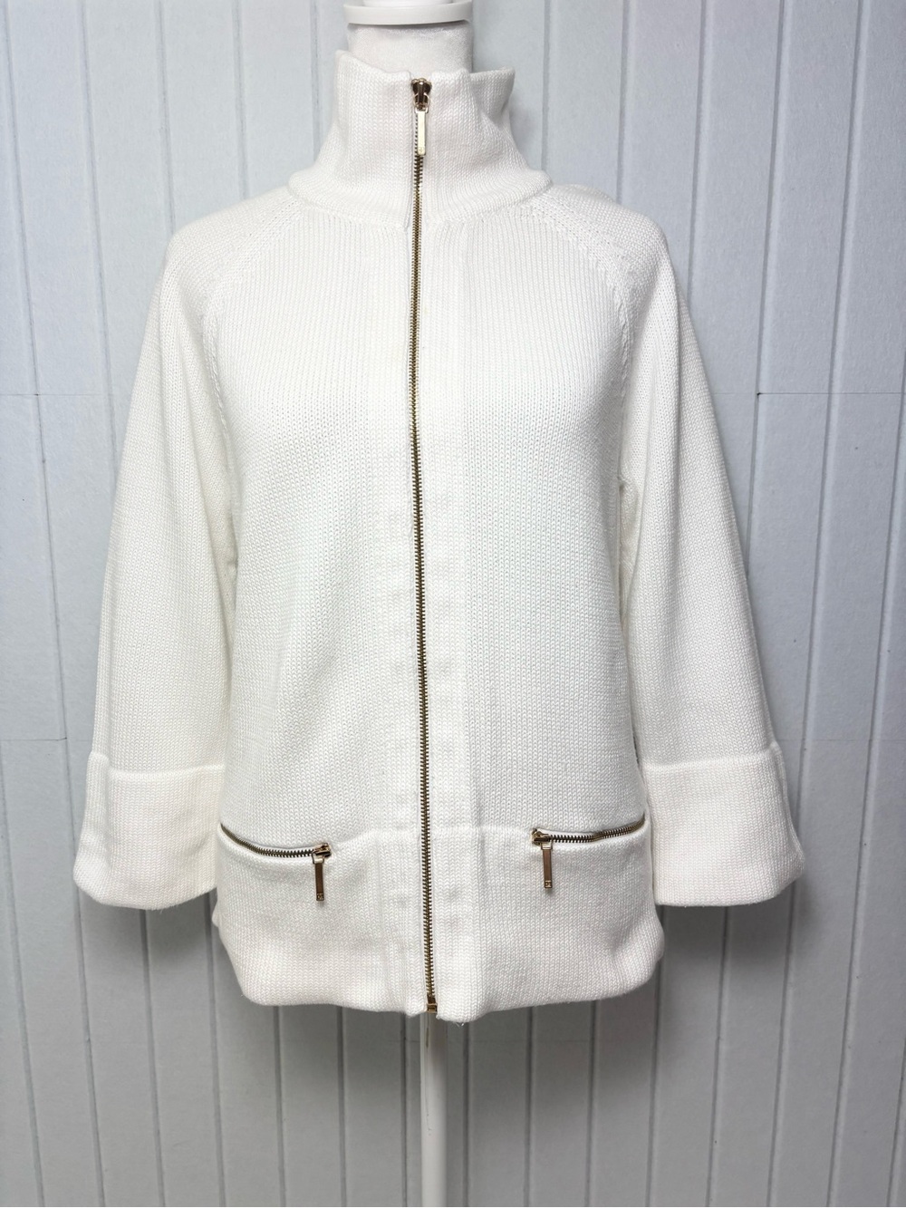 Ralph Lauren white Cotton‎ Zip-Front Knit Sweater Jacket / Gold zipper  Size L